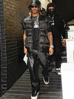 Future Wearing A Leather Bucket Hat With A Rick Owens Puffer Vest Leather Cargo Pants And Rick Owens Sneakers