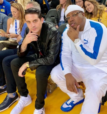G Eazy With E 40 Courtside Wearing The Marathon Clothing Puma And Louis Vuitton