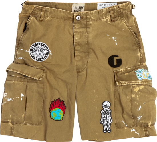 Gallery Dept Khaki Patch Distressed Cargo Shorts