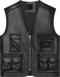 Black Leather Cargo Pocket Zip Vest