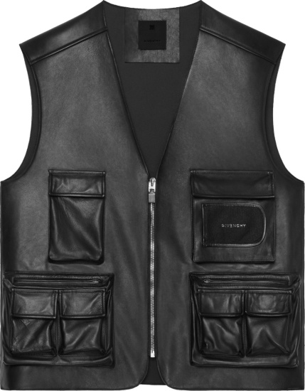 Givenchy Black Leather Cargo Pocket Zip Vest