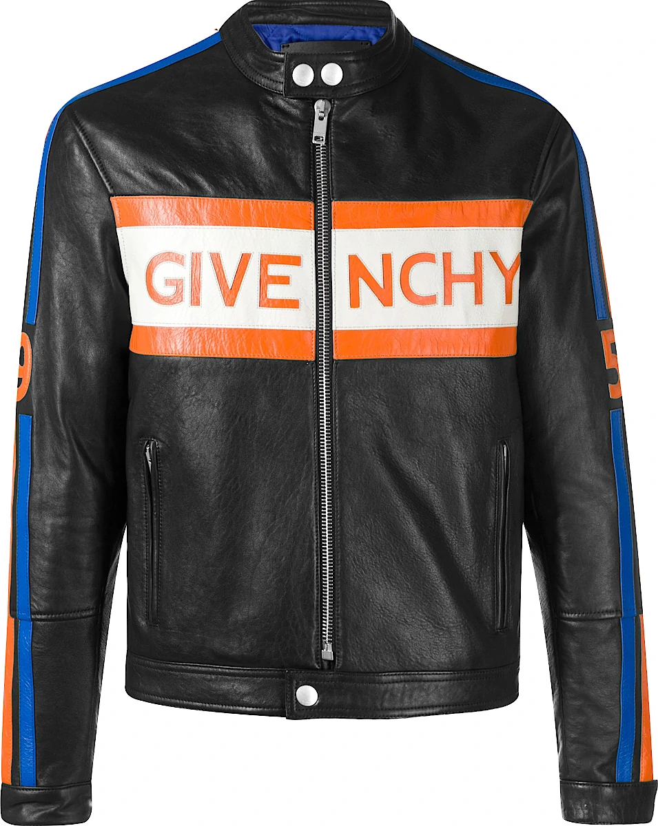 Givenchy Black Orange Royal Blue Leather Logo Moto Jacket