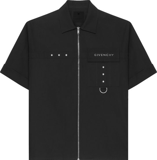 Givenchy Black Zip Front Metal Stud Convertible Sleeve Shirt
