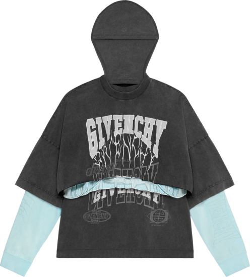 Givenchy Faded Black And Light Blue Layered Hooded Logo Tee