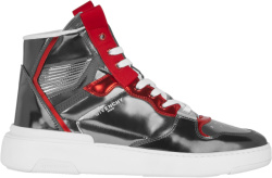 Metallic Silver & Red High-Top 'Wing' Sneakers