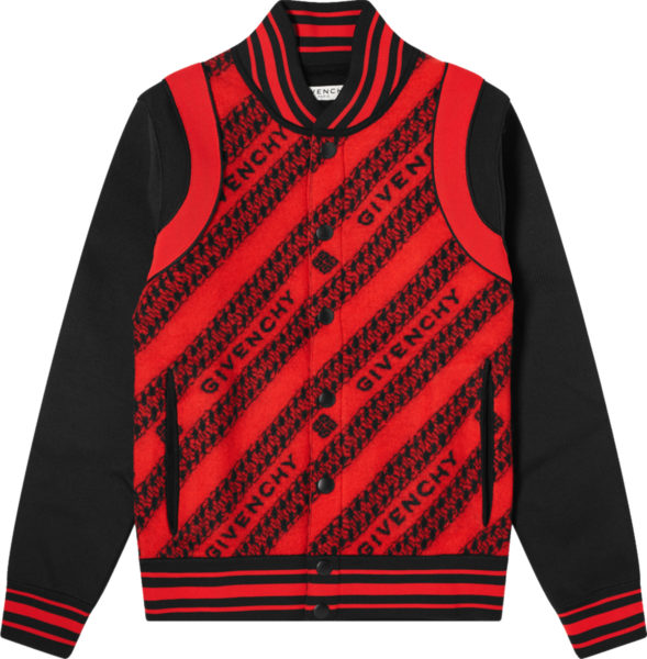 Givenchy Red Black Diagonal Chain Logo Wool Teddy Jacket