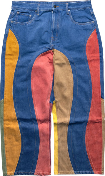 Glass Cyprus Blue And Multicolor Suede Panel Jeans