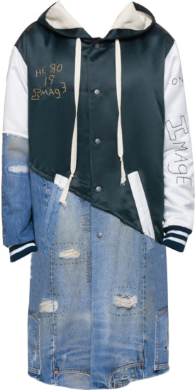 Grey Lauren Dark Green And Blue Denim Patchwork Long Varsity Jacket Coat