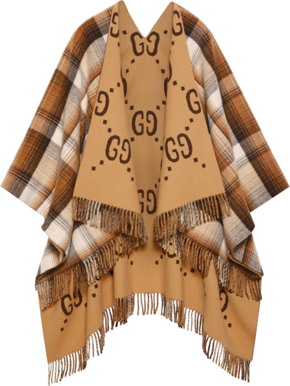 Gucci Beige Gg And Beid Brown White Check Reversible Poncho