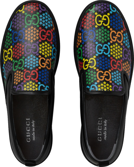 Gucci Black And Multicolor Logo Print Slip Ons