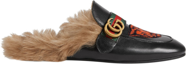 Gucci Black Leather Fur Lined Orange Tiger Head Patch Princetown Loafers