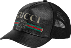Gucci Black Leather Logo Stripe Trucker Hat