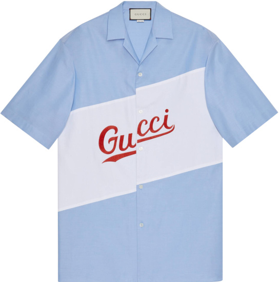 Gucci Blue And White Script Logo Bowling Shirt