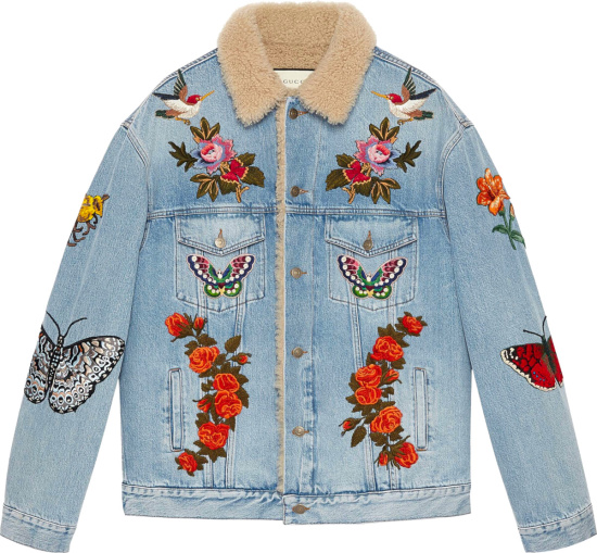 Gucci Blue Denim Shearling Collar Bird Butterfly And Flower Embroidered Jacket