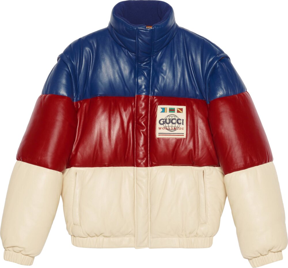 Gucci Blue, Red, & White Colorblock Leather Puffer Jacket | INC STYLE