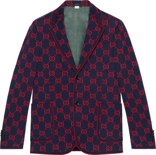 Gucci Red Monogram Jacquard Navy Blazer 