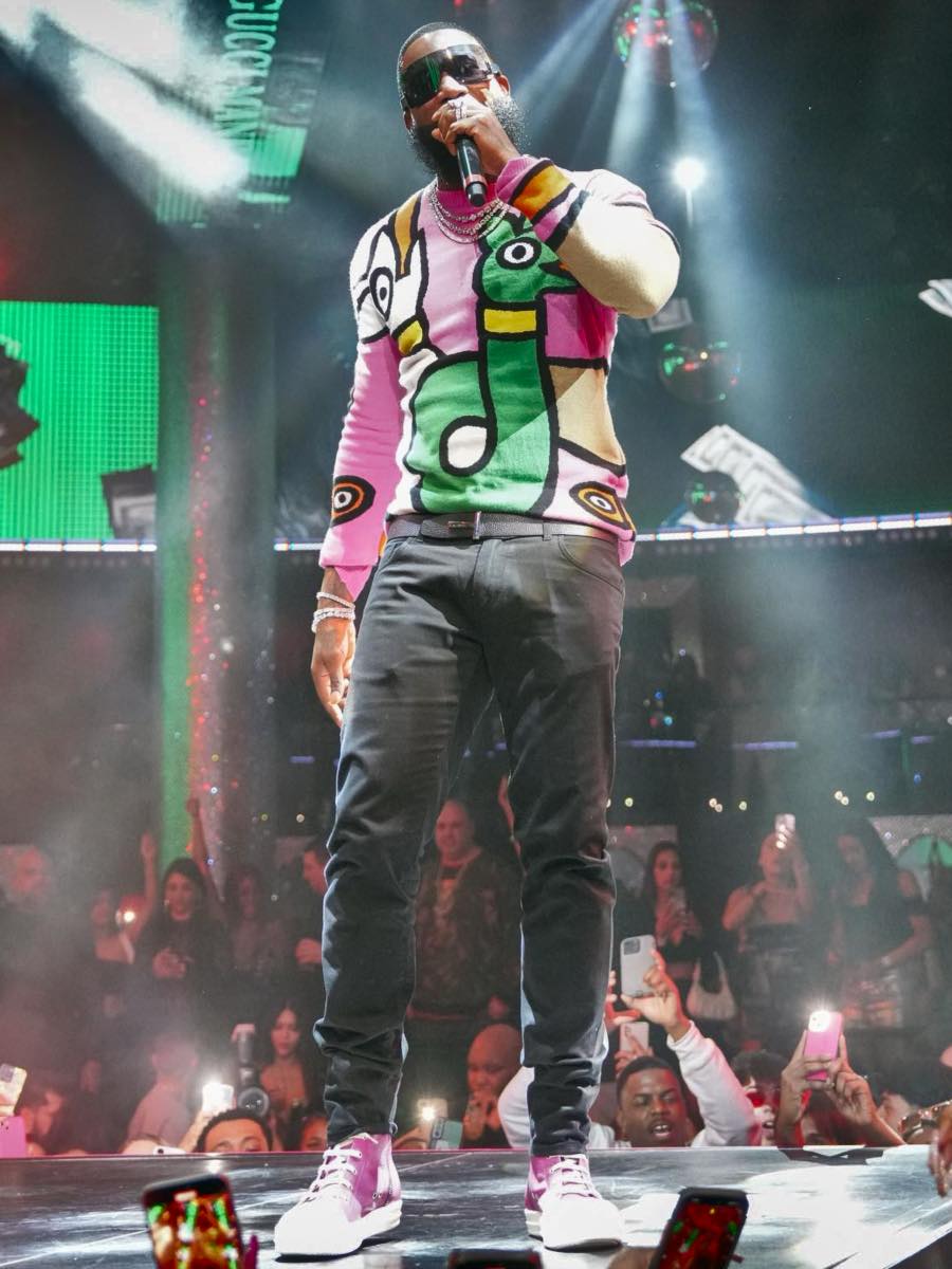 Gucci Mane: Pink Cartoon Sweater, Tom Ford Belt, & Hot Pink High-Top Sneakers