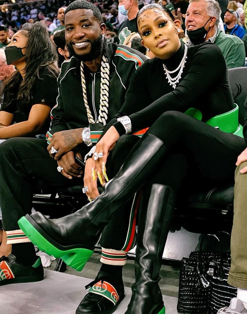 Gucci Mane Courtside In a Gucci Black-GG Tracksuit & Strap Sneakers
