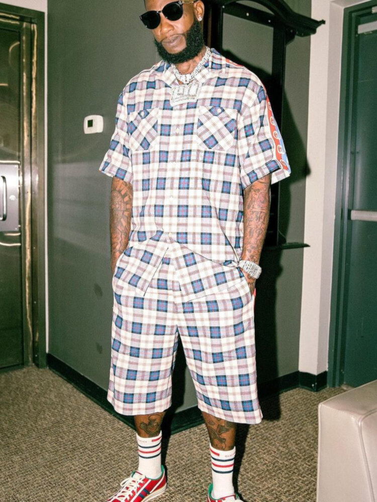 Gucci Mane Wearing a Gucci Check Shirt & Shorts With Red 'Tennis' Sneakers