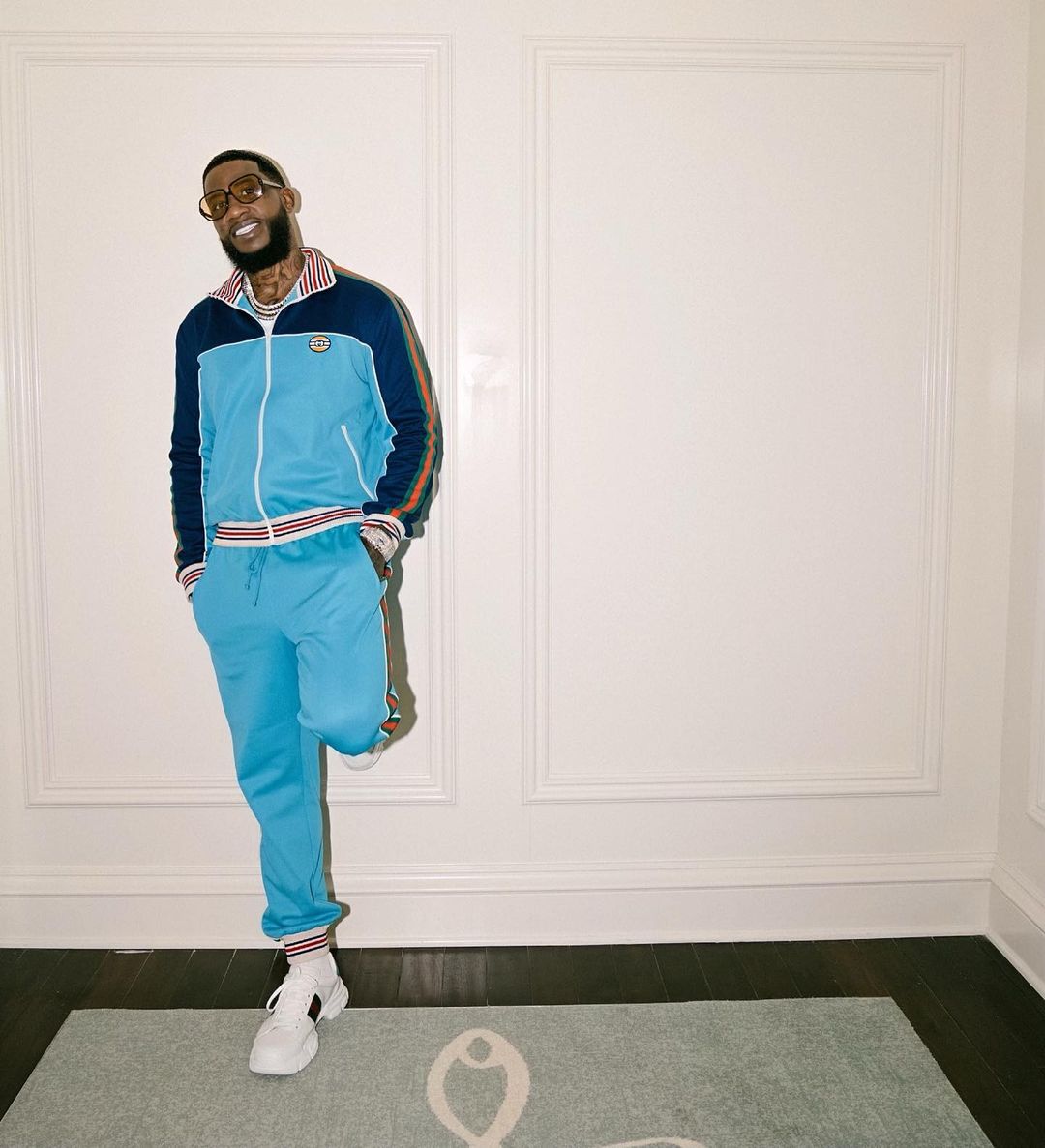 Gucci Mane Wearing a Gucci Neon Blue Tracksuit With Sunglasses & Sneakers