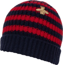 Gucci Navy Red Striped Bee Embroidered Beanie