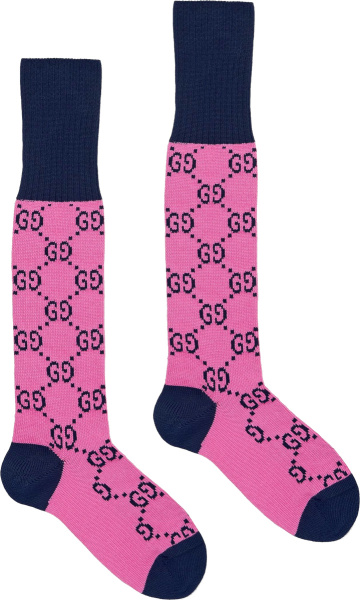 Gucci Pink And Navy Gg Logo Jacquard Socks 4763363g7015800