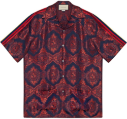 Gucci Red And Navy Baroque Jacquard Bowling Shirt With Side Stripes Worn By Jacquees