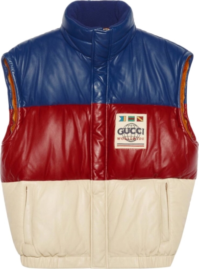 Gucci Red White Blue Striped Leather Puffer Vest