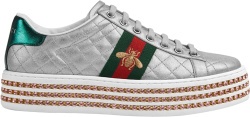 Gucci Silver Quilted And Pink Crystal Platform Ace Sneakers