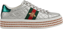 Gucci Silver Quilted Crystal Embellished Platform Sneakers