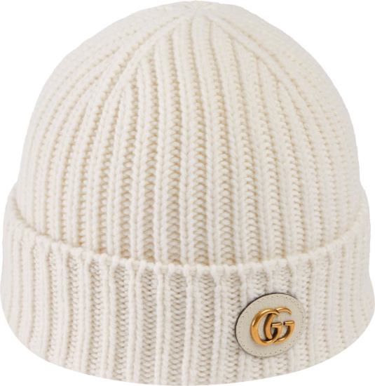 Gucci White And Gold Double G Logo Beanie
