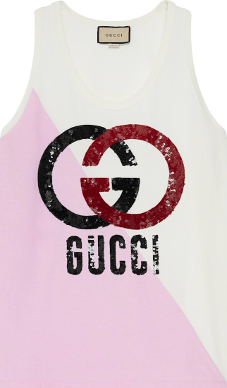 Gucci White And Pink Split Sequin Gg Logo Tank Top