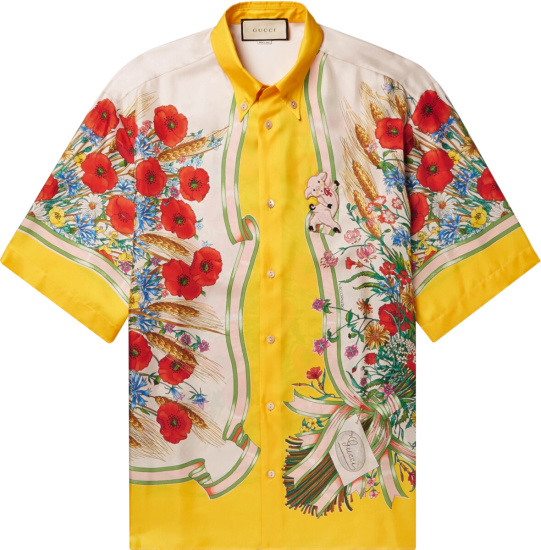 Gucci White And Yellow Floral Print Silk Shirt