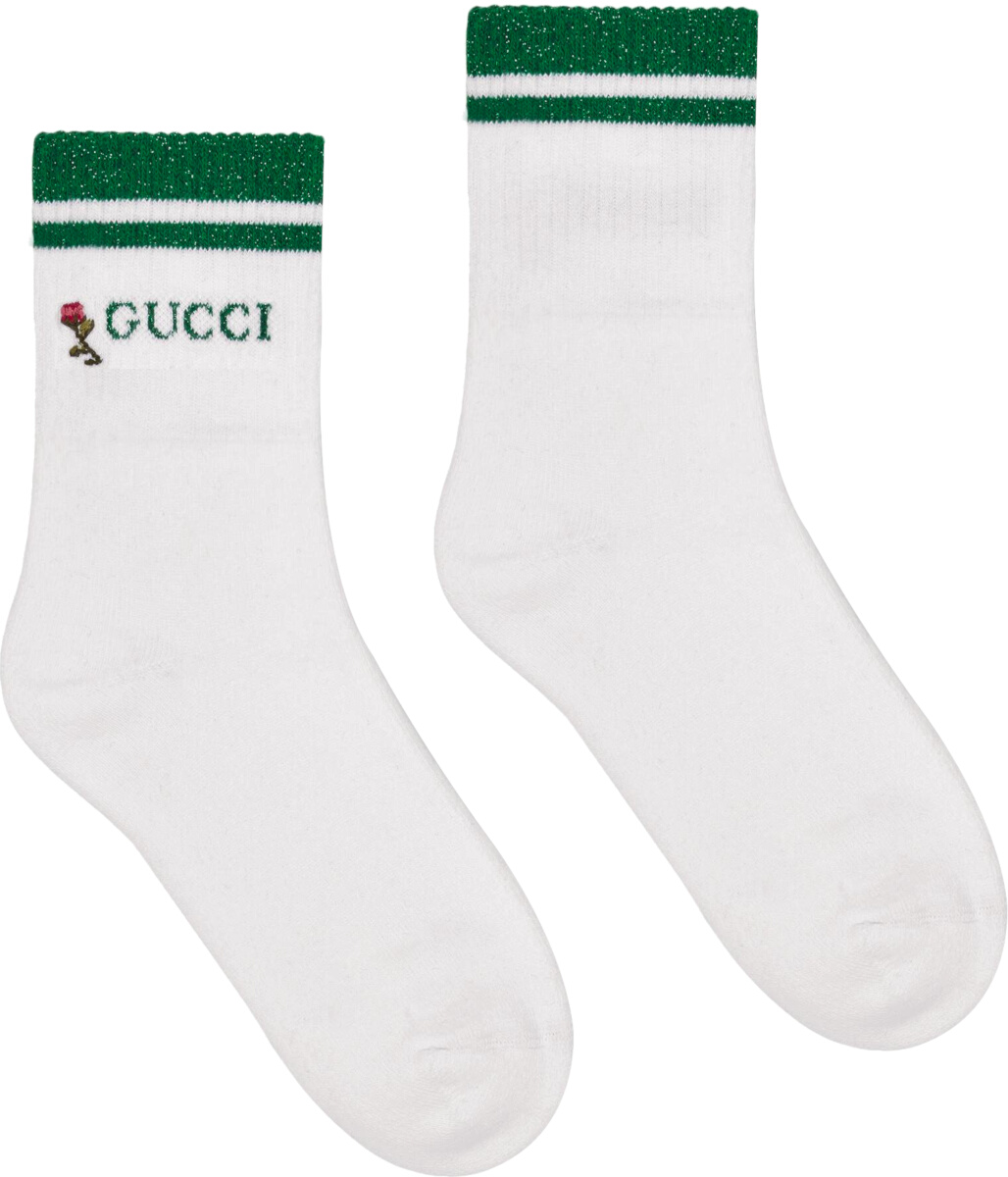 Gucci White & Green Stripe Rose Socks Style