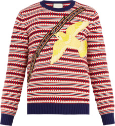 Gucci White Red Blue Striped And Yellow Bird Patch Sweater