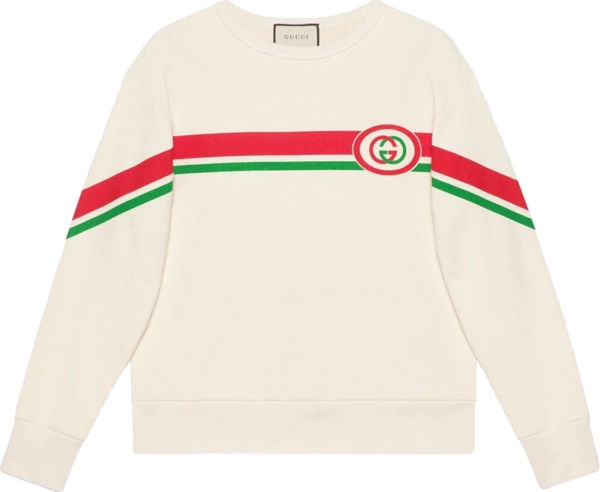 Gucci White Sweatshirt With Red And Green Diagonal Print