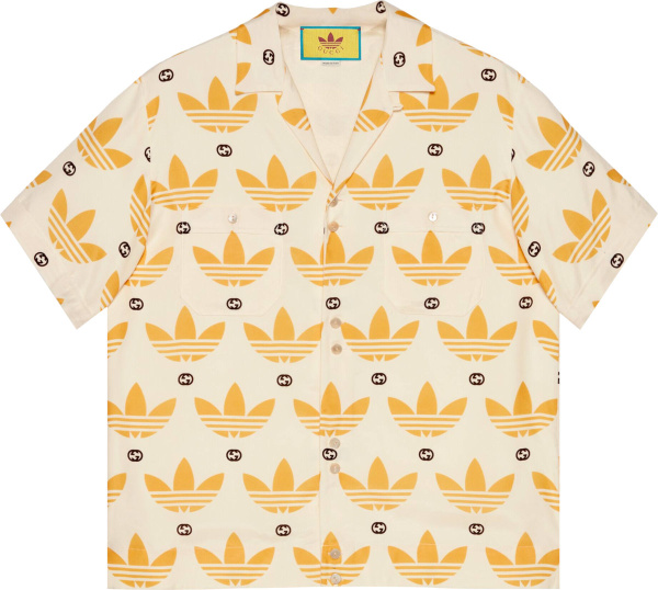 Gucci X Adidas White And Yellow Trefoil Allover Print Bowling Shirt 691523zaixz9285