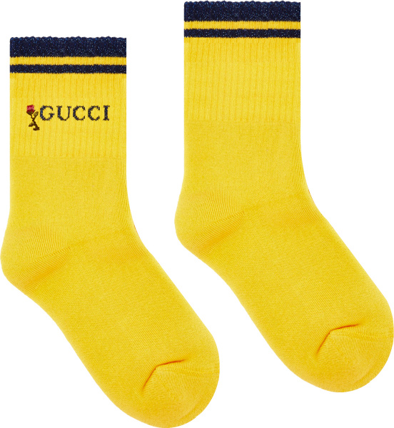 Gucci Yellow And Blue Glitter Striped Rose Logo Socks