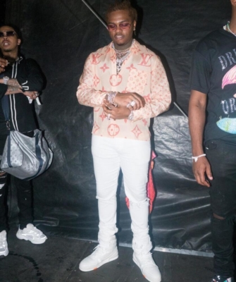 Gunna In A Louis Vuitton Shirt Shoes And Scarf At Rolling Loud