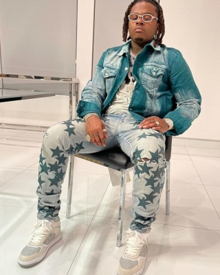 Gunna Wearing A Blue Denim And Silver Painted Shirt With Amiri Jeans And Dior B27 Sneakers