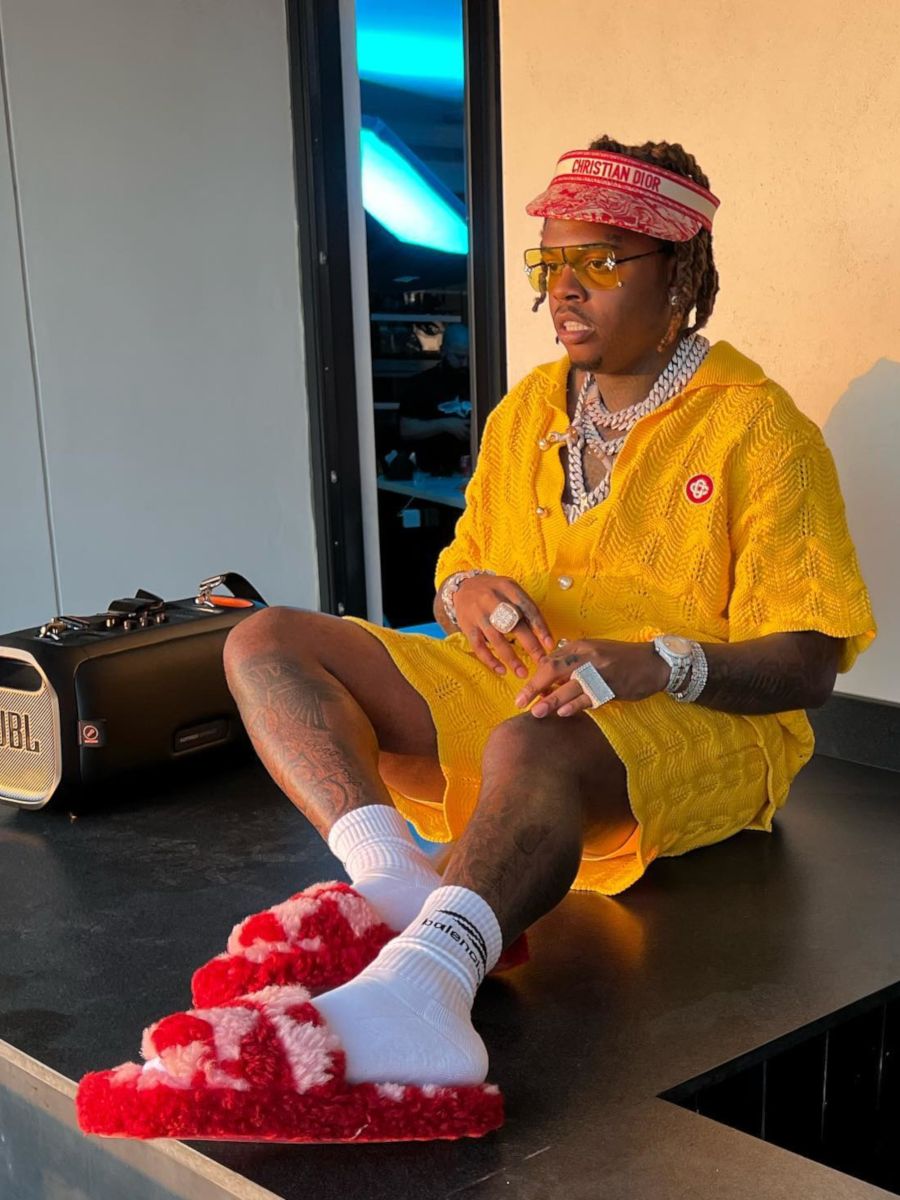Gunna Wearing a Casablanca Crocheted Shirt and Shorts With LV Sunglasses & Bottega Slippers