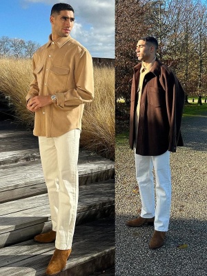 Hakimi Wearing A Brown Overshirt Beige Shirt Cream Jeans And Brown Suede Boots