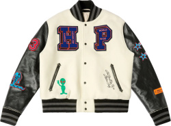 Heron Preston Ivory And Black Alien Patch Varsity Jacket