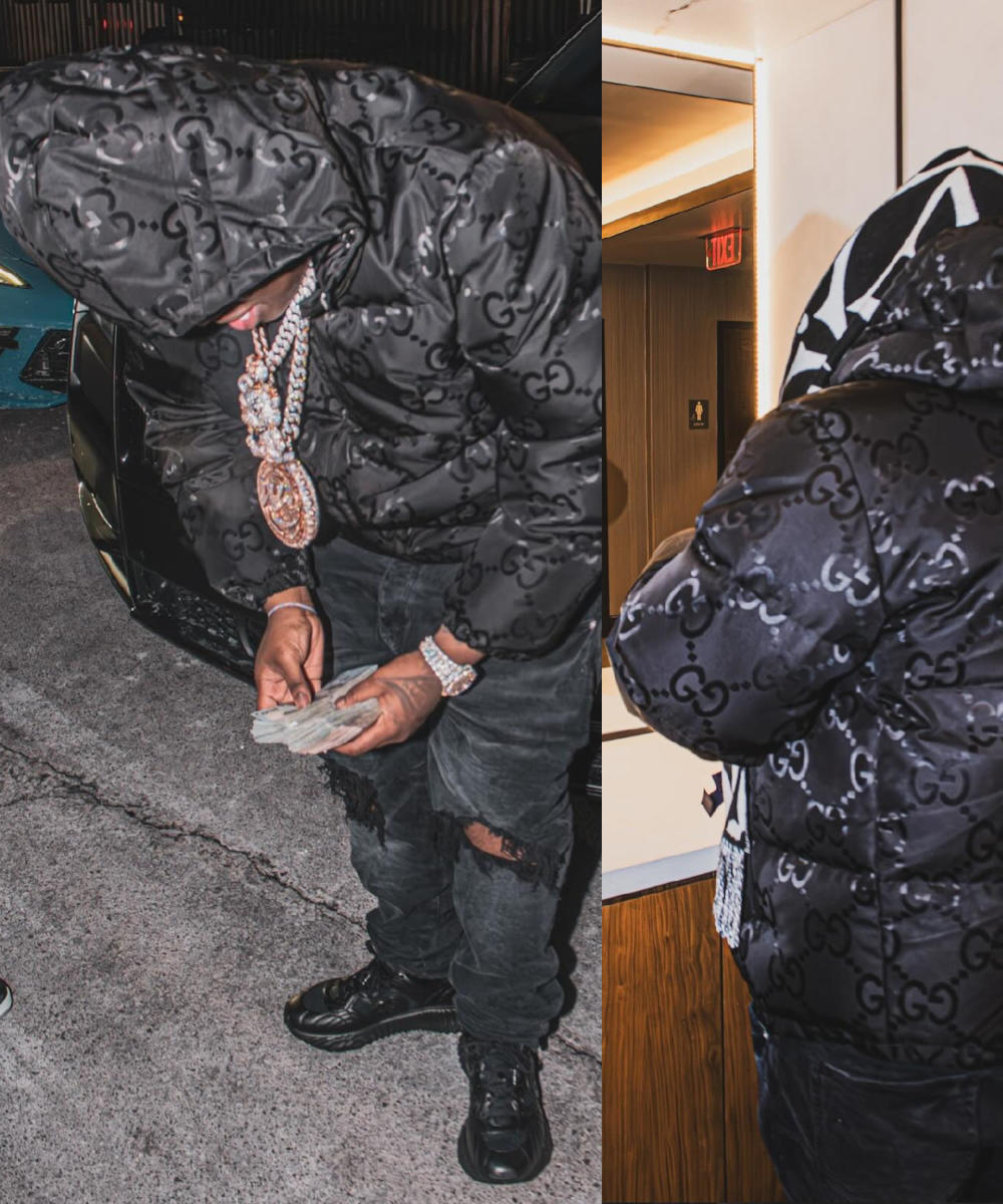 Sheff G Wearing a Gucci Puffer Jacket, Black Ripped Knee Jeans & Gucci Sneakers Outfit