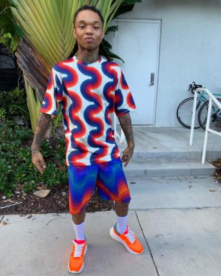 Incorporated Style Cover Photo For Swae Lee Wearing A Dries Van Noten White Shirt And Blue Wave Shorts And Orange Alexander Mcqueen Sneakers