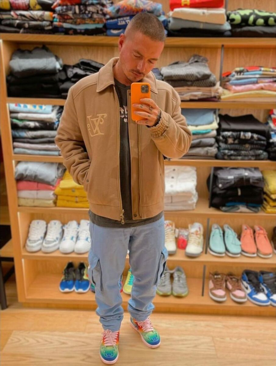 J Balvin Wearing a Louis Vuitton x Nigo Jacket With Jordan Collab Tie-Dye 1s