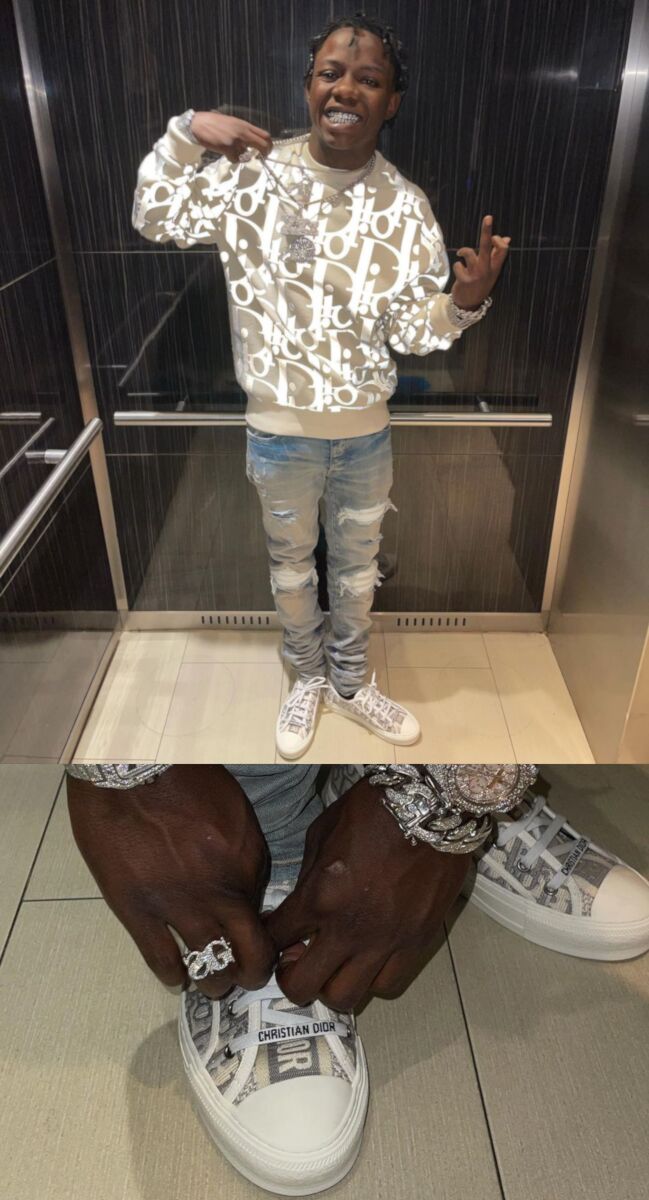 Jackboy Wearing a Dior Reflective Sweater & Grey Oblique Knit Sneakers