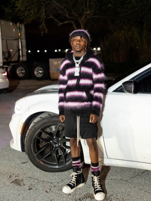 Jackboy Wearing A Marni Blue Pink White Striped Mohair Beanie Hoodie And Socks With Rick Owens Penta Shorts And High Top Fur Sneakers