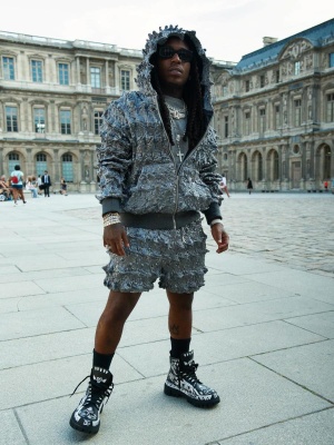 Jacquees Wearing A Mjb Grey Mettallic Spike Hoodie And Shorts With Dolce Gabbana Boots