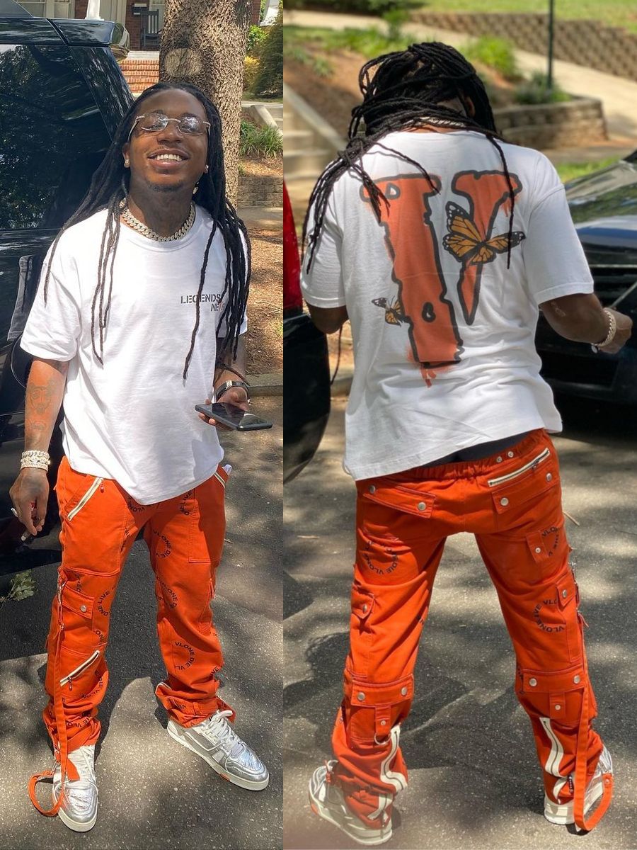 Jacquees Wearing an Orange VLONE Tee & Pants With Louis Vuitton Sneakers